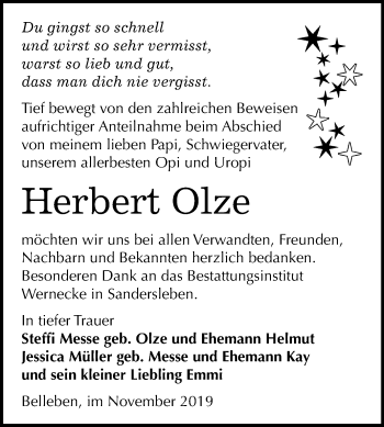 Traueranzeige von Herbert Olze von Super Sonntag Bernburg
