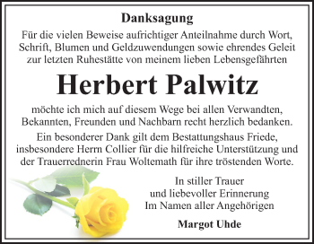 Traueranzeige von Herbert Palwitz von Super Sonntag Dessau-Roßlau