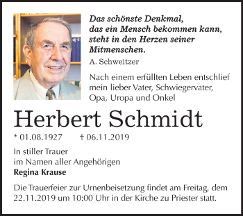 Traueranzeige von Herbert Schmidt von Mitteldeutsche Zeitung Halle/Saalkreis