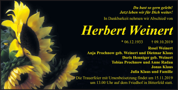 Traueranzeige von Herbert Weinert von Wochenspiegel Bitterfeld