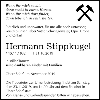 Traueranzeige von Hermann Stippkugel von Wochenspiegel Mansfelder Land