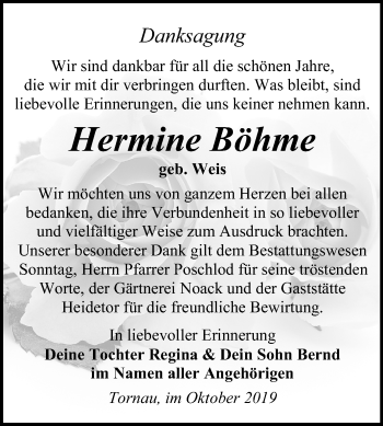 Traueranzeige von Hermine Böhme von Super Sonntag Wittenberg