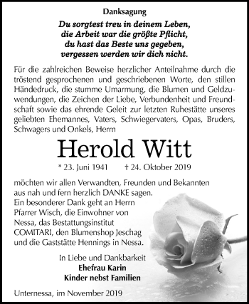 Traueranzeige von Herold Witt von Wochenspiegel Weißenfels