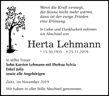 Traueranzeige von Herta Lehmann von Mitteldeutsche Zeitung Zeitz