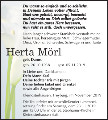 Traueranzeige von Herta Mörl von Mitteldeutsche Zeitung Mansfelder Land