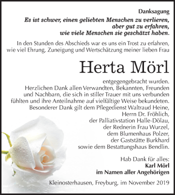 Traueranzeige von Herta Mörl von Mitteldeutsche Zeitung Mansfelder Land