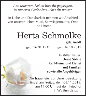 Traueranzeige von Herta Schmolke von Mitteldeutsche Zeitung Weißenfels