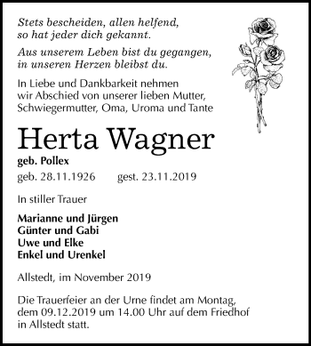 Traueranzeige von Herta Wagner von Mitteldeutsche Zeitung Sangerhausen