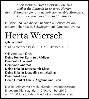 Traueranzeige von Herta Wiersch von Mitteldeutsche Zeitung Weißenfels
