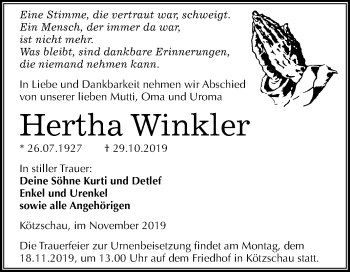 Traueranzeige von Hertha Winkler von Super Sonntag Merseburg/Querfurt