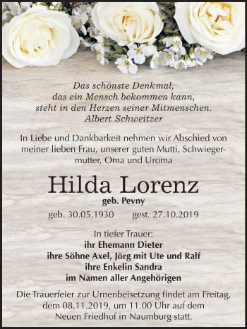 Traueranzeige von Hilda Lorenz von Mitteldeutsche Zeitung Naumburg/Nebra