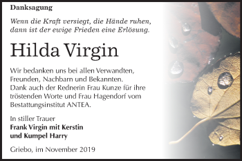 Traueranzeige von Hilda Virgin von Super Sonntag Wittenberg