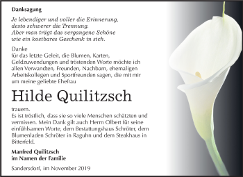 Traueranzeige von Hilde Quilitzsch von Mitteldeutsche Zeitung Bitterfeld