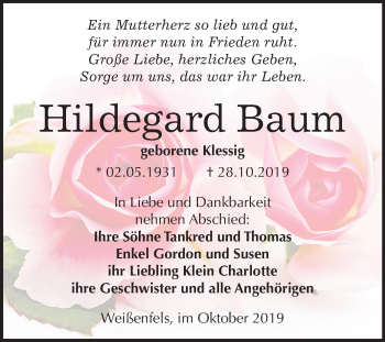 Traueranzeige von Hildegard Baum von Wochenspiegel Weißenfels