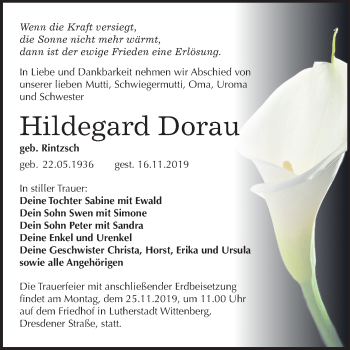 Traueranzeige von Hildegard Dorau von Super Sonntag Wittenberg