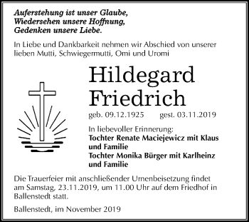 Traueranzeige von Hildegard Friedrich von Wochenspiegel Quedlinburg