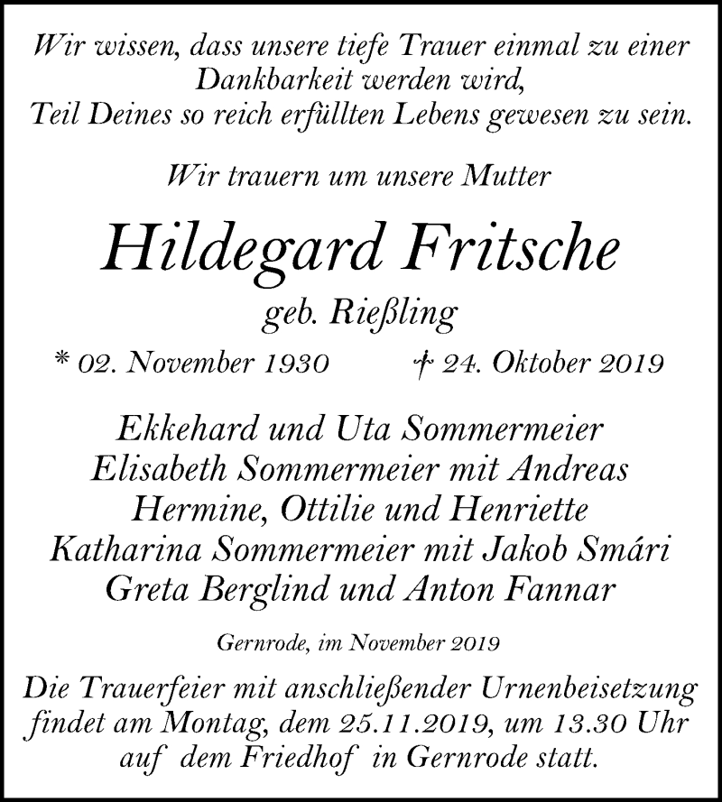  Traueranzeige für Hildegard Fritsche vom 01.11.2019 aus Mitteldeutsche Zeitung Quedlinburg