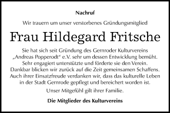 Traueranzeige von Hildegard Fritsche von Super Sonntag Quedlinburg