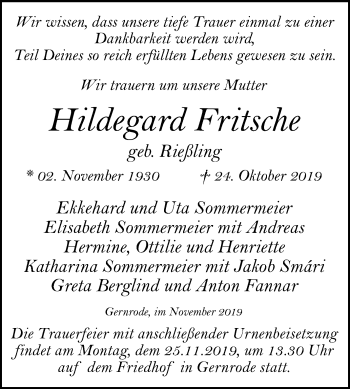 Traueranzeige von Hildegard Fritsche von Super Sonntag Quedlinburg