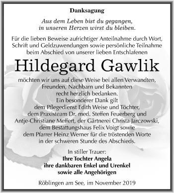 Traueranzeige von Hildegard Gawlik von Mitteldeutsche Zeitung Mansfelder Land