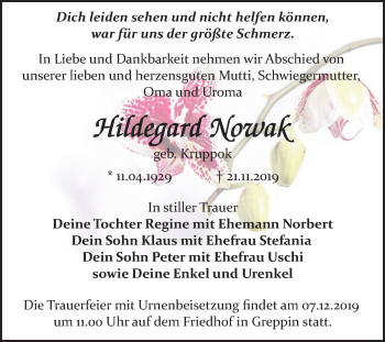 Traueranzeige von Hildegard Nowak von Mitteldeutsche Zeitung Bitterfeld