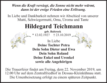 Traueranzeige von Hildegard Teichmann von Mitteldeutsche Zeitung Dessau-Roßlau