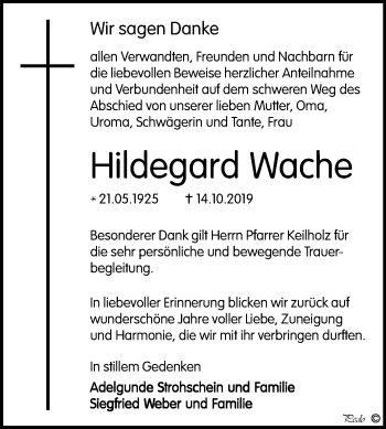 Traueranzeige von Hildegard Wache von Mitteldeutsche Zeitung Zeitz