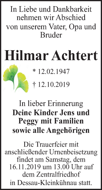 Traueranzeige von Hilmar Achtert von Mitteldeutsche Zeitung Dessau-Roßlau