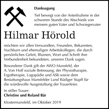 Traueranzeige von Hilmar Hörold von Mitteldeutsche Zeitung Mansfelder Land / Sangerhausen