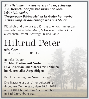 Traueranzeige von Hiltrud Peter von Super Sonntag Merseburg/Querfurt