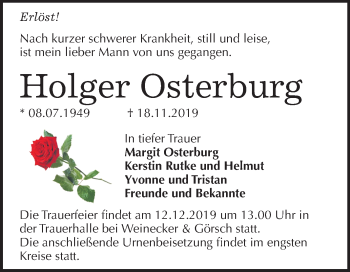 Traueranzeige von Holger Osterburg von Super Sonntag Bernburg