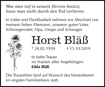 Traueranzeige von Horst Bläß von Mitteldeutsche Zeitung Halle/Saalkreis