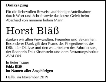 Traueranzeige von Horst Bläß von Mitteldeutsche Zeitung Halle/Saalkreis