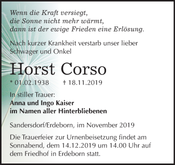 Traueranzeige von Horst Cors von Wochenspiegel Bitterfeld