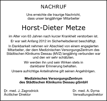 Traueranzeige von Horst-Dieter Metze von Mitteldeutsche Zeitung Dessau-Roßlau
