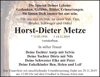 Traueranzeige von Horst-Dieter Metze von Super Sonntag Dessau-Roßlau