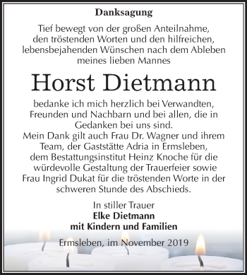 Traueranzeige von Horst Dietmann von Super Sonntag Quedlinburg
