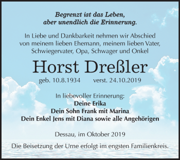 Traueranzeige von Horst Dreßler von Super Sonntag Dessau-Roßlau