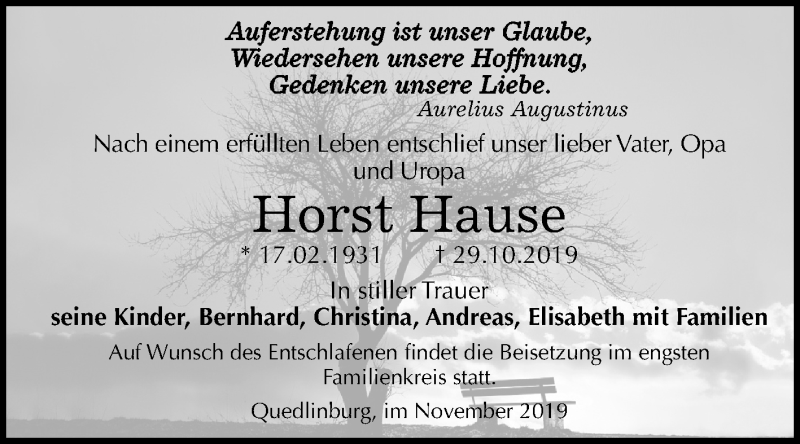  Traueranzeige für Horst Hause vom 09.11.2019 aus Super Sonntag Quedlinburg