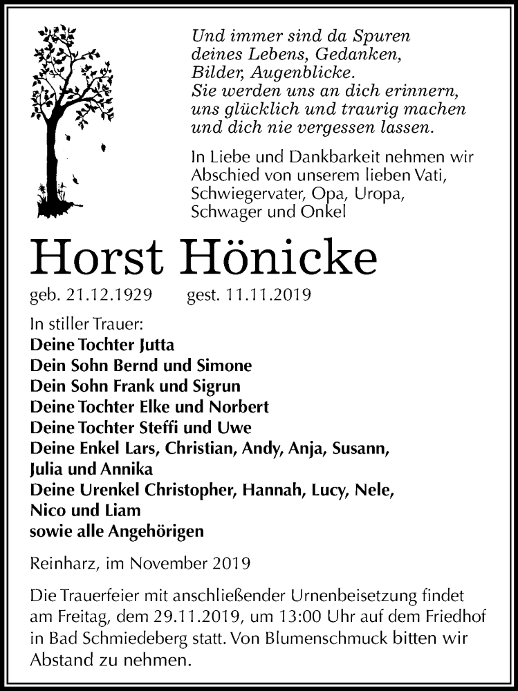  Traueranzeige für Horst Hönicke vom 23.11.2019 aus Super Sonntag Wittenberg