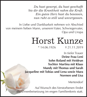 Traueranzeige von Horst Kunze von Mitteldeutsche Zeitung Naumburg/Nebra