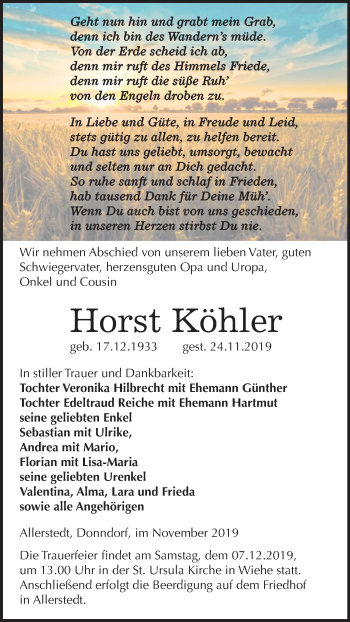 Traueranzeige von Horst Köhler von Mitteldeutsche Zeitung Naumburg/Nebra