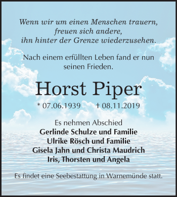 Traueranzeige von Horst Piper von Mitteldeutsche Zeitung Halle/Saalkreis