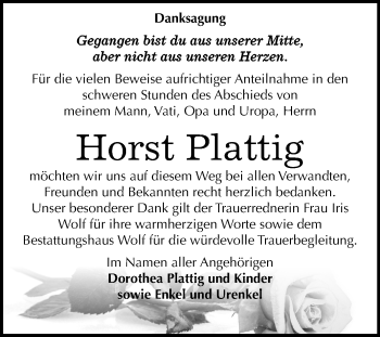 Traueranzeige von Horst Plattig von Mitteldeutsche Zeitung Weißenfels