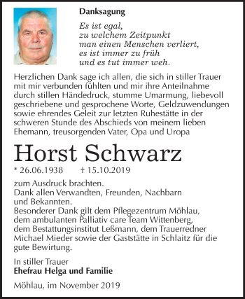Traueranzeige von Horst Schwarz von Mitteldeutsche Zeitung Wittenberg