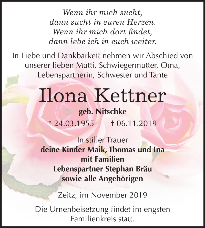  Traueranzeige für Ilona Kettner vom 16.11.2019 aus Super Sonntag Zeitz