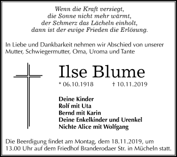 Traueranzeige von Ilse Blume von Super Sonntag Merseburg/Querfurt
