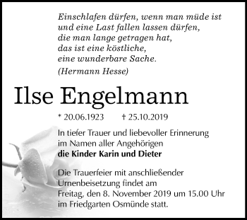 Traueranzeige von Ilse Engelmann von Mitteldeutsche Zeitung Halle/Saalkreis