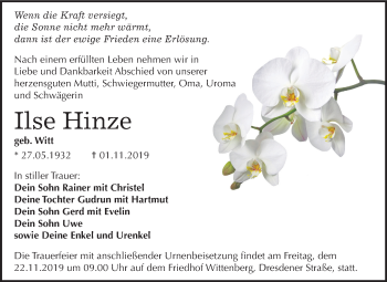 Traueranzeige von Ilse Hinze von Mitteldeutsche Zeitung Wittenberg