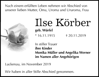 Traueranzeige von Ilse Körber von Super Sonntag Zeitz